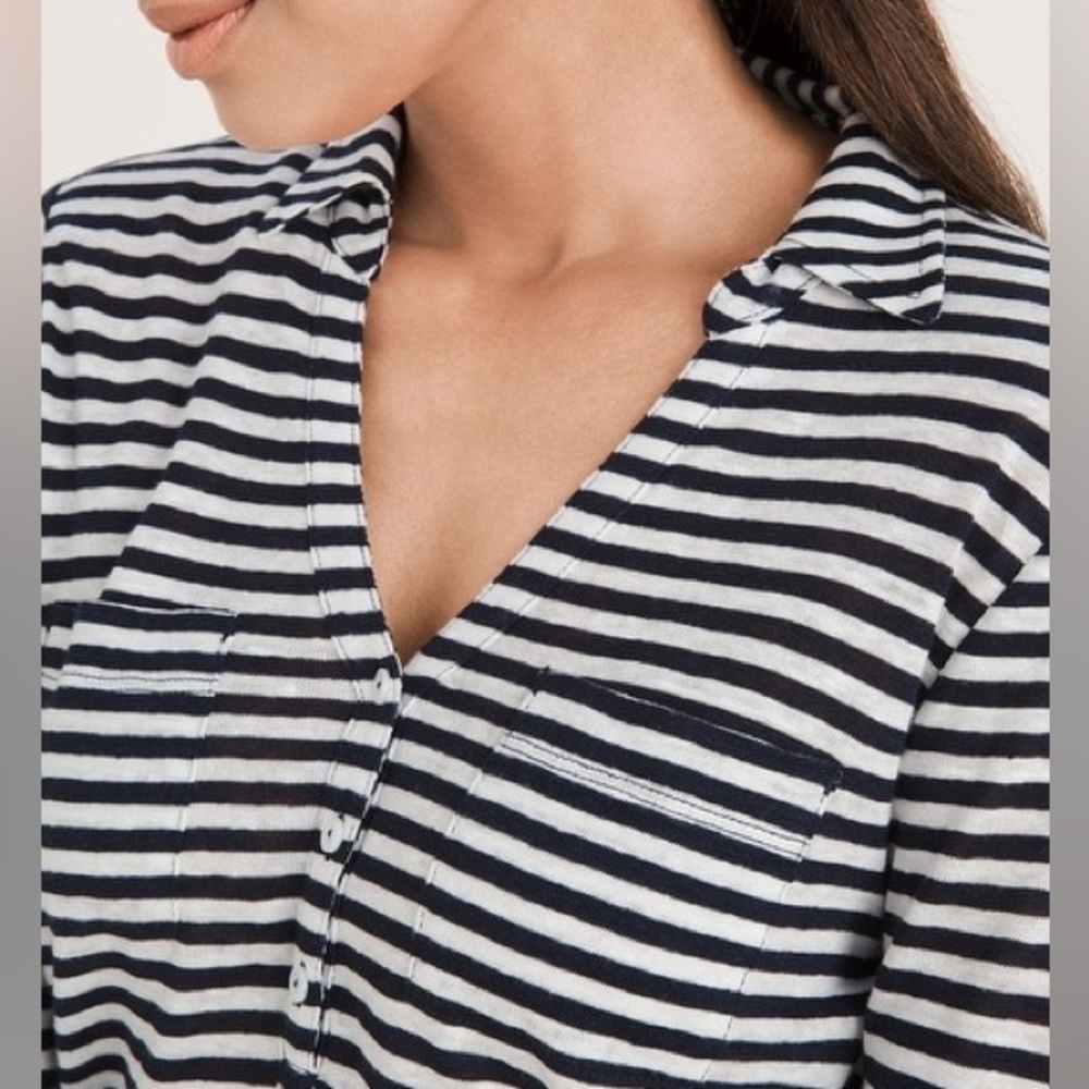 New York & Company Black and White Striped Buttoned Down Blouse